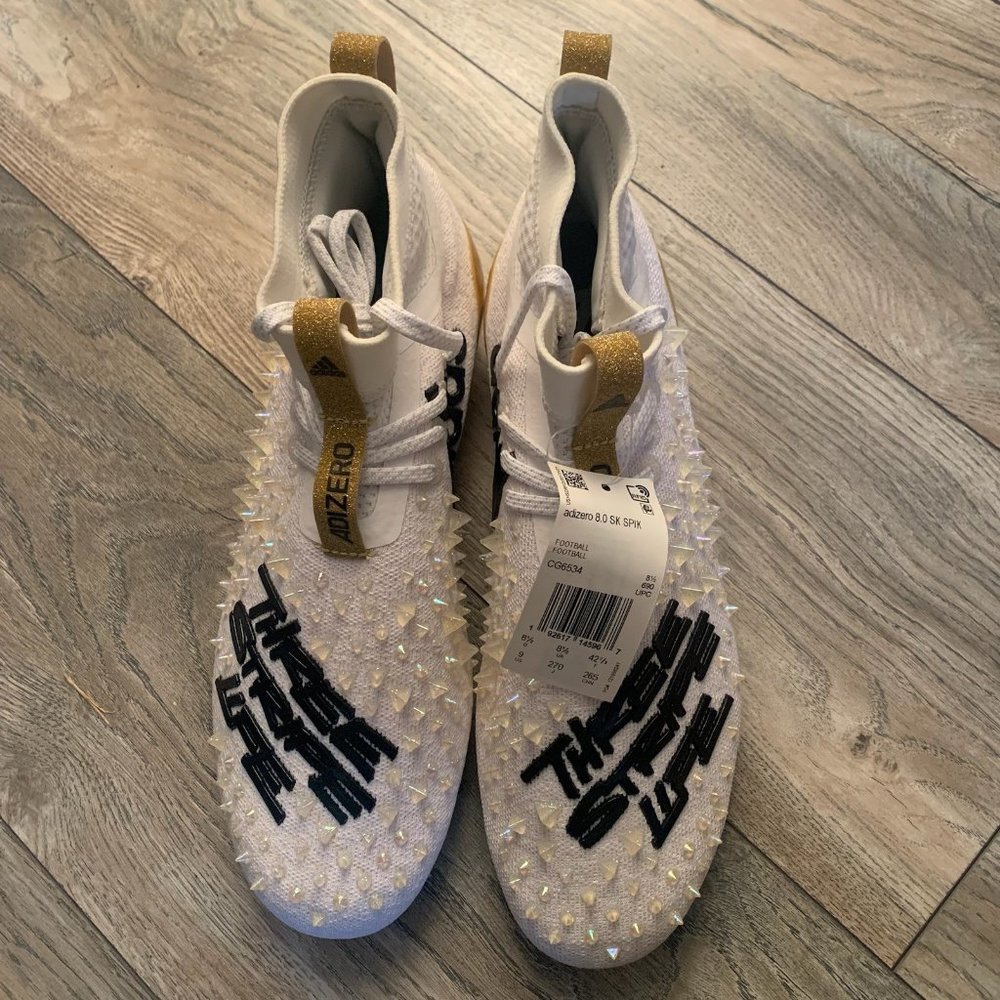 NWT ADIDAS ADIZERO 8.0 SK SPIKES THREE STRIPE LIFE FOOTBALL CLEATS WHITE/GOLD 9‎